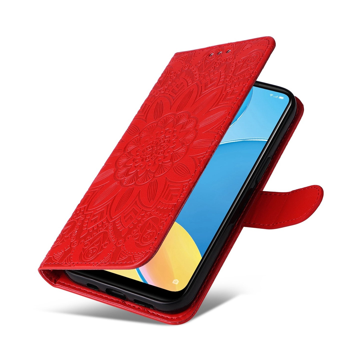 OPPO A16e Sunflower Embossed Leather Wallet Phone Case with Kickstand and Card Holder
