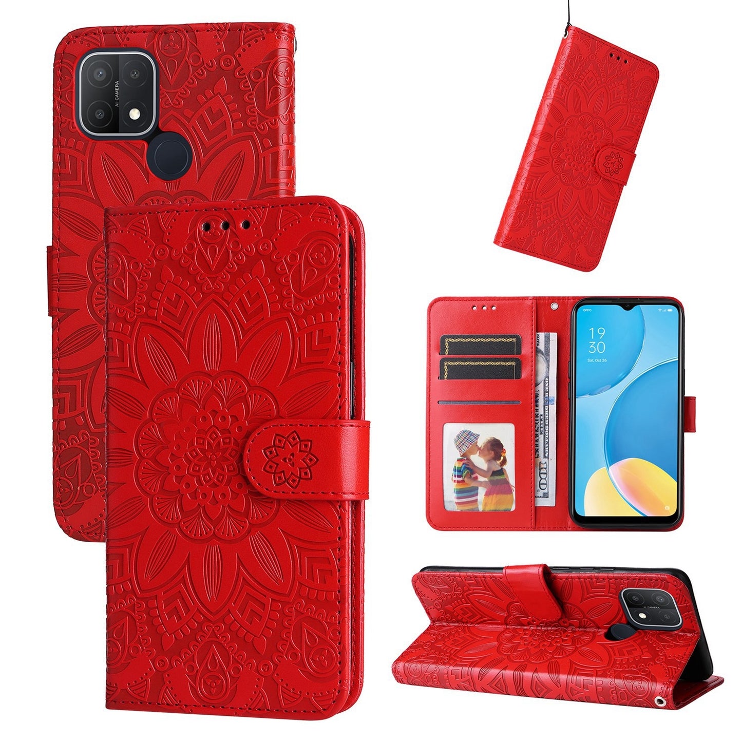 OPPO A16K Sunflower Embossed Leather Wallet Phone Case with Kickstand and Card Holder