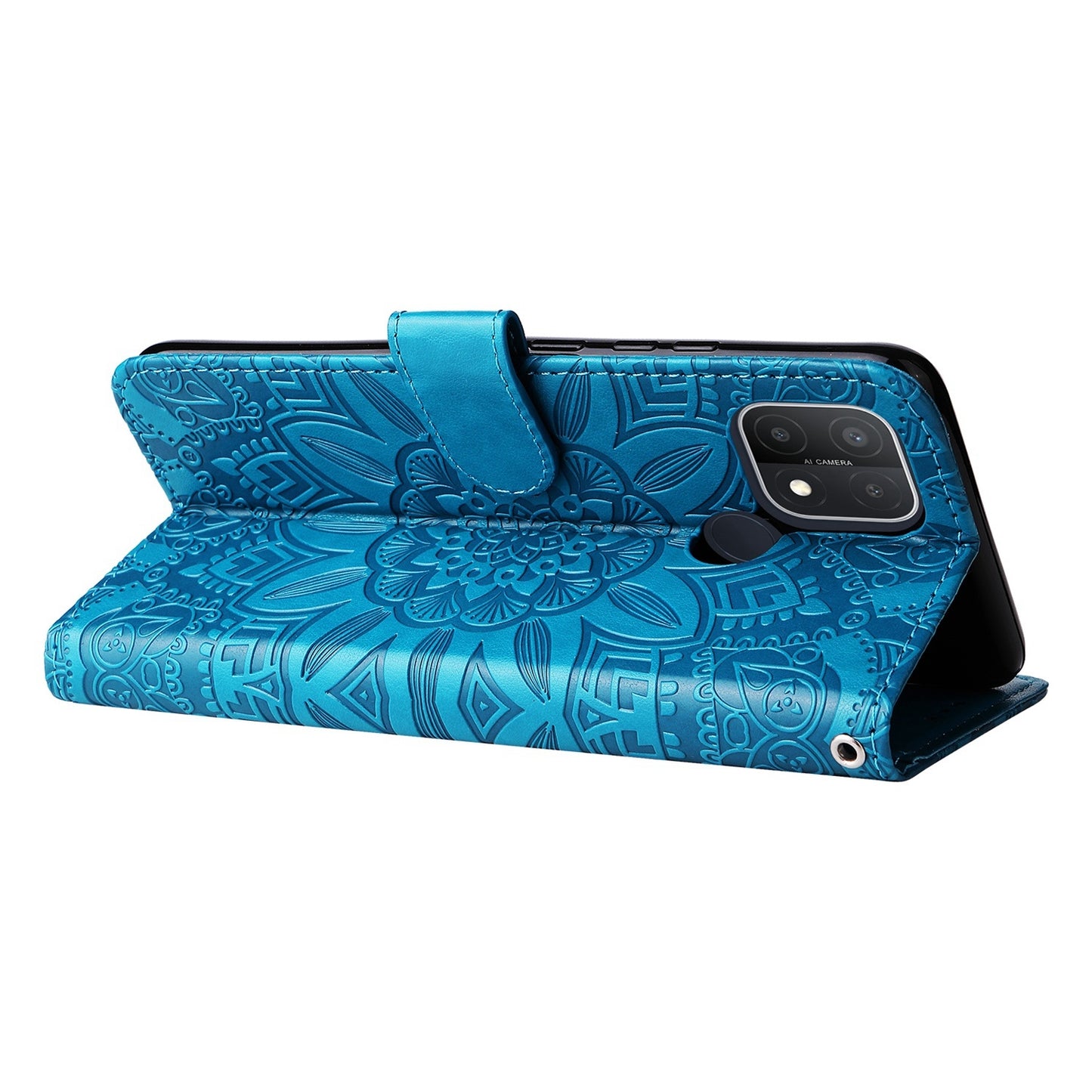 OPPO A16e Sunflower Embossed Leather Wallet Phone Case with Kickstand and Card Holder