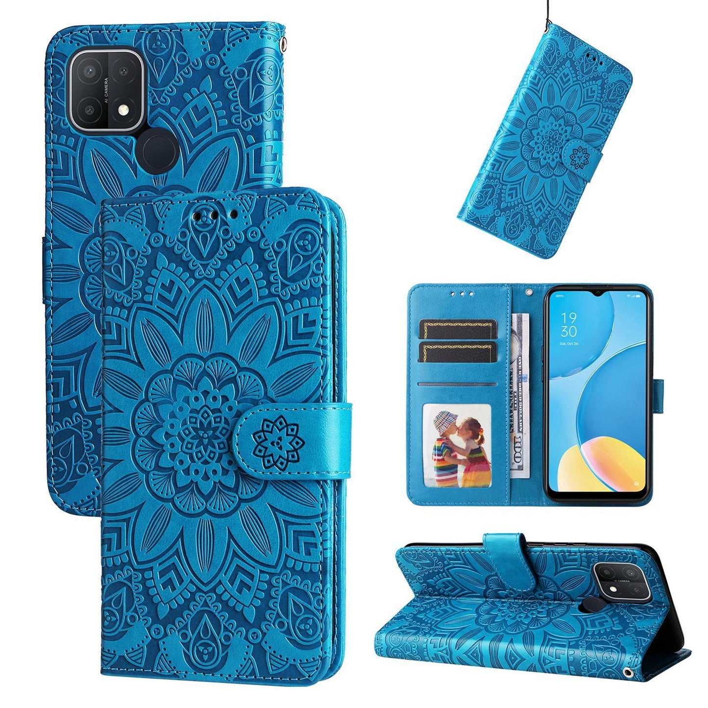 OPPO A16e Sunflower Embossed Leather Wallet Phone Case with Kickstand and Card Holder