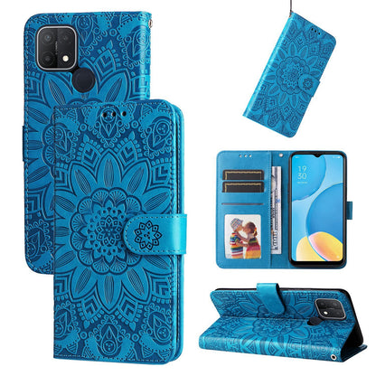 OPPO A16e Sunflower Embossed Leather Wallet Phone Case with Kickstand and Card Holder