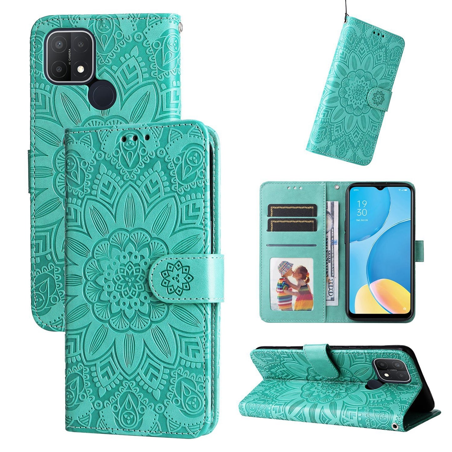 OPPO A15 Sunflower Embossed Leather Wallet Phone Case with Kickstand and Card Holder