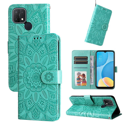 OPPO A15 Sunflower Embossed Leather Wallet Phone Case with Kickstand and Card Holder