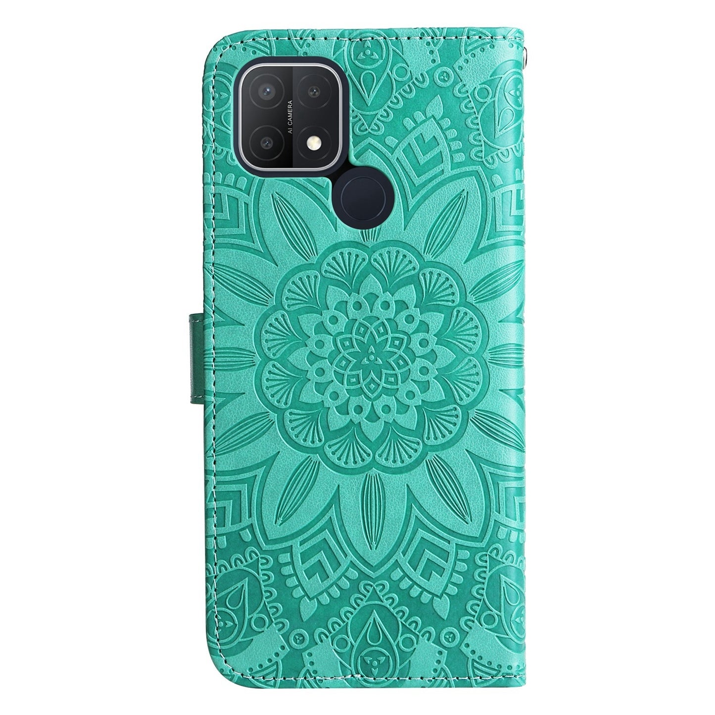 OPPO A16e Sunflower Embossed Leather Wallet Phone Case with Kickstand and Card Holder