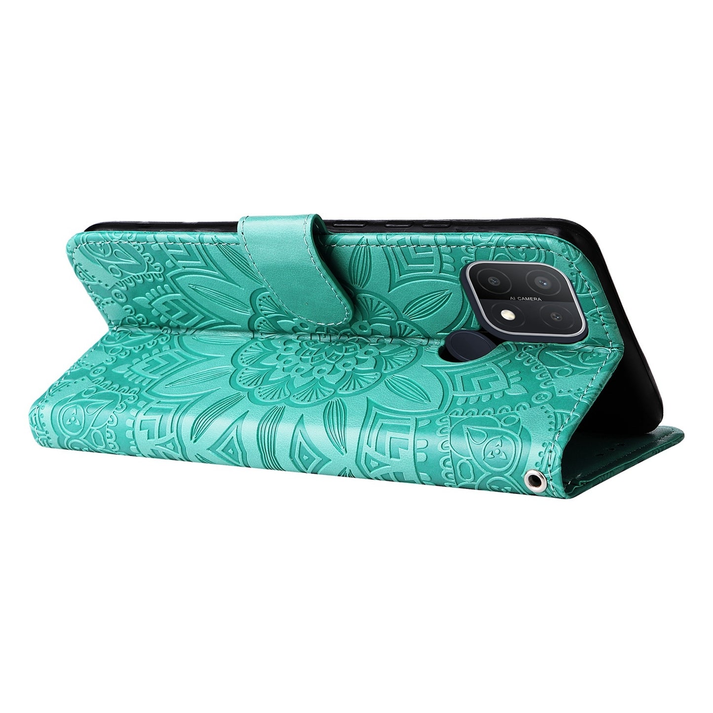 OPPO A16e Sunflower Embossed Leather Wallet Phone Case with Kickstand and Card Holder