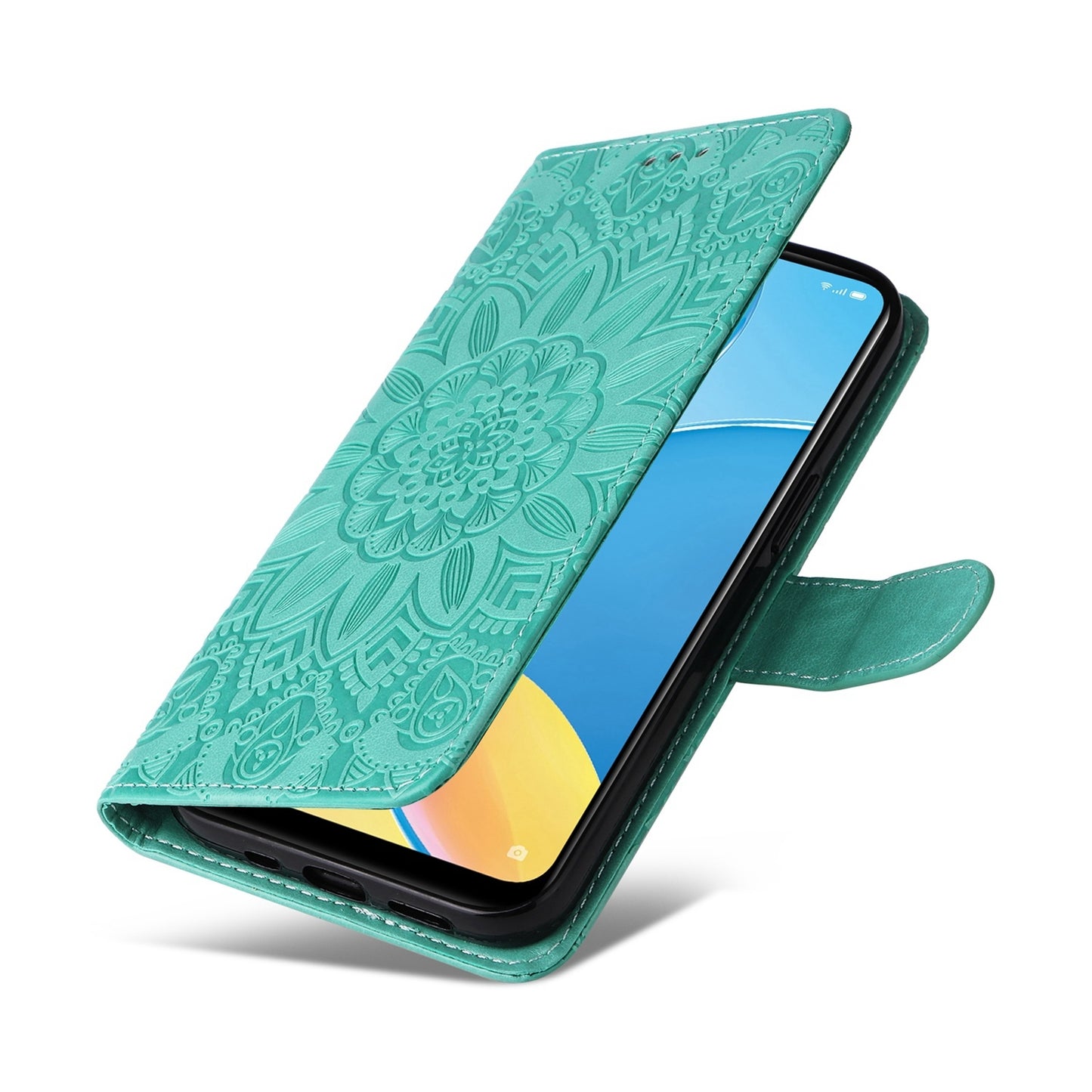 OPPO A16e Sunflower Embossed Leather Wallet Phone Case with Kickstand and Card Holder