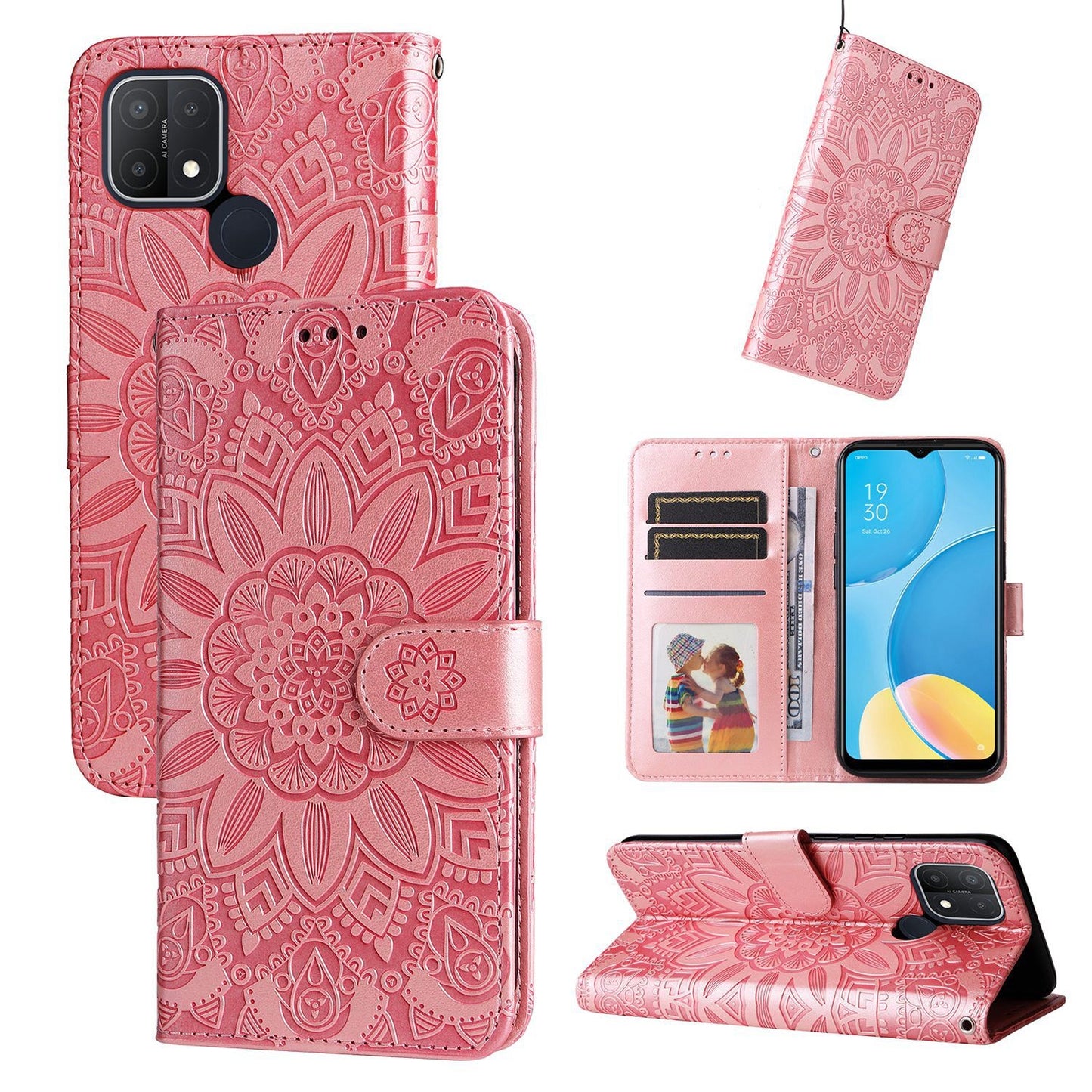 OPPO A15 Sunflower Embossed Leather Wallet Phone Case with Kickstand and Card Holder