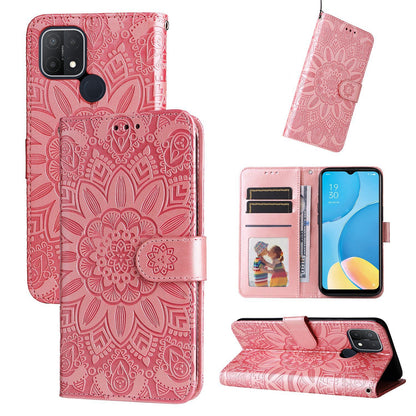 OPPO A16e Sunflower Embossed Leather Wallet Phone Case with Kickstand and Card Holder