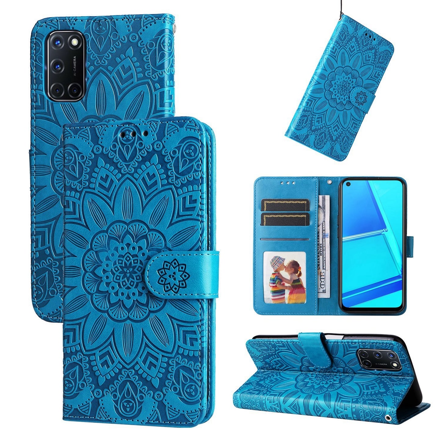 OPPO A92 Sunflower Embossed Leather Wallet Phone Case with Kickstand and Card Holder