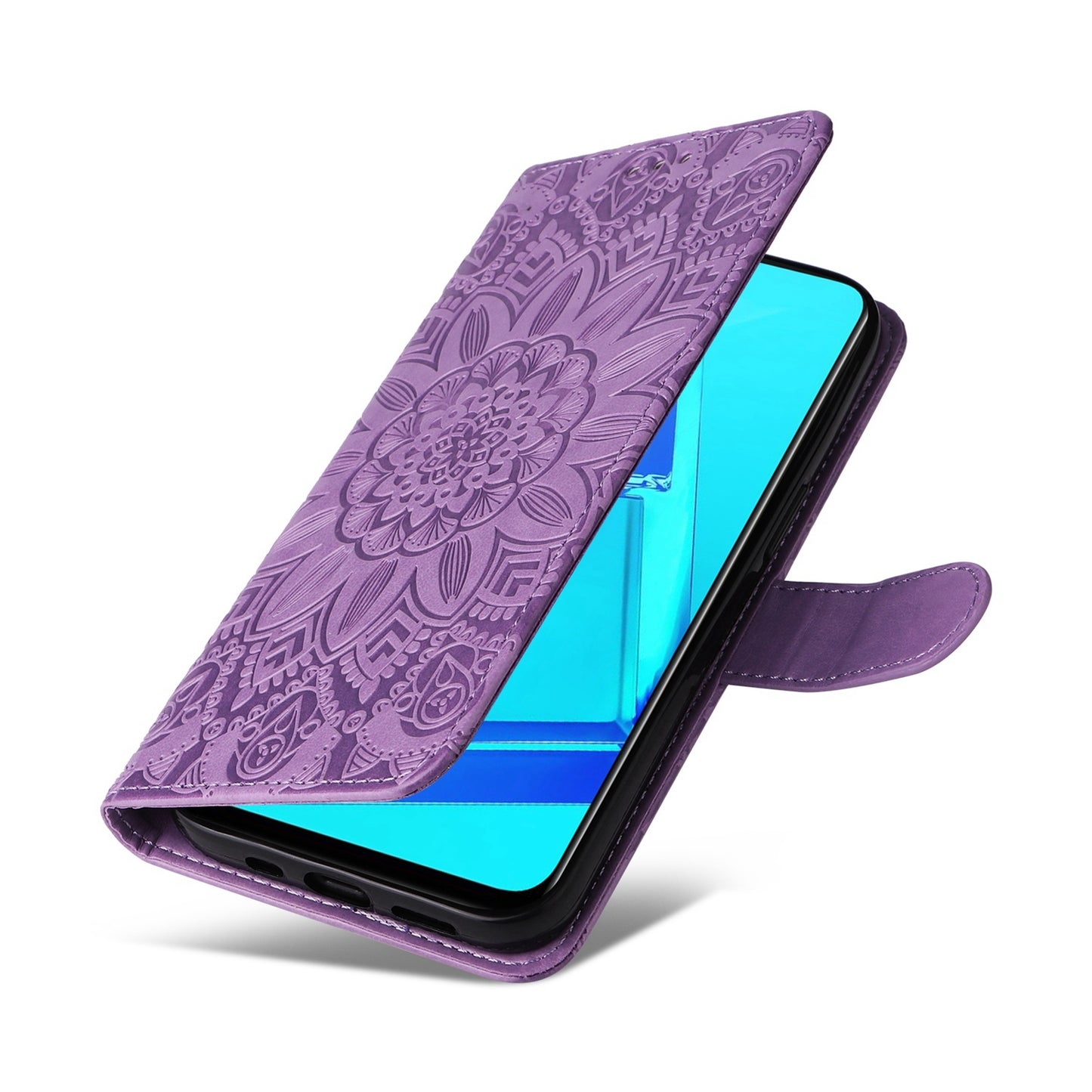 OPPO A92 Sunflower Embossed Leather Wallet Phone Case with Kickstand and Card Holder