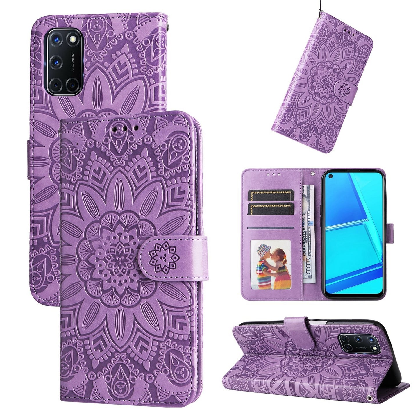 OPPO A72 Sunflower Embossed Leather Wallet Phone Case with Kickstand and Card Holder