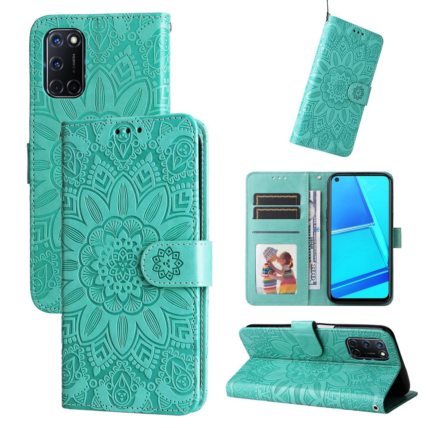 OPPO A72 Sunflower Embossed Leather Wallet Phone Case with Kickstand and Card Holder