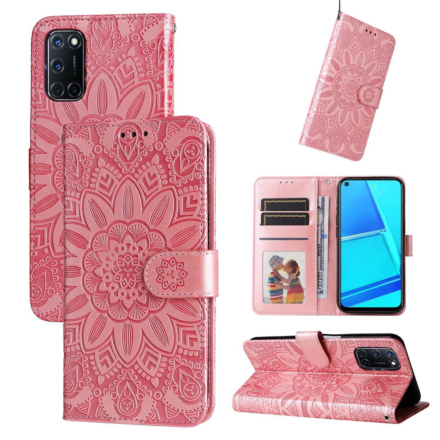 OPPO A52 Sunflower Embossed Leather Wallet Phone Case with Kickstand and Card Holder