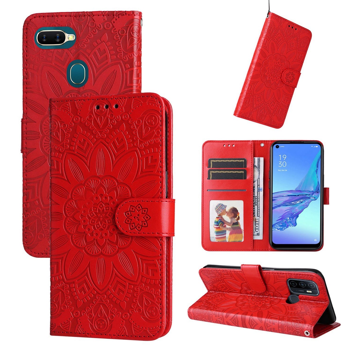 OPPO A32 Sunflower Embossed Leather Wallet Phone Case with Kickstand and Card Holder