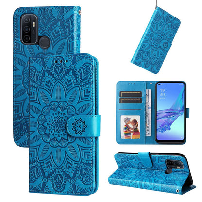 OPPO A32 Sunflower Embossed Leather Wallet Phone Case with Kickstand and Card Holder