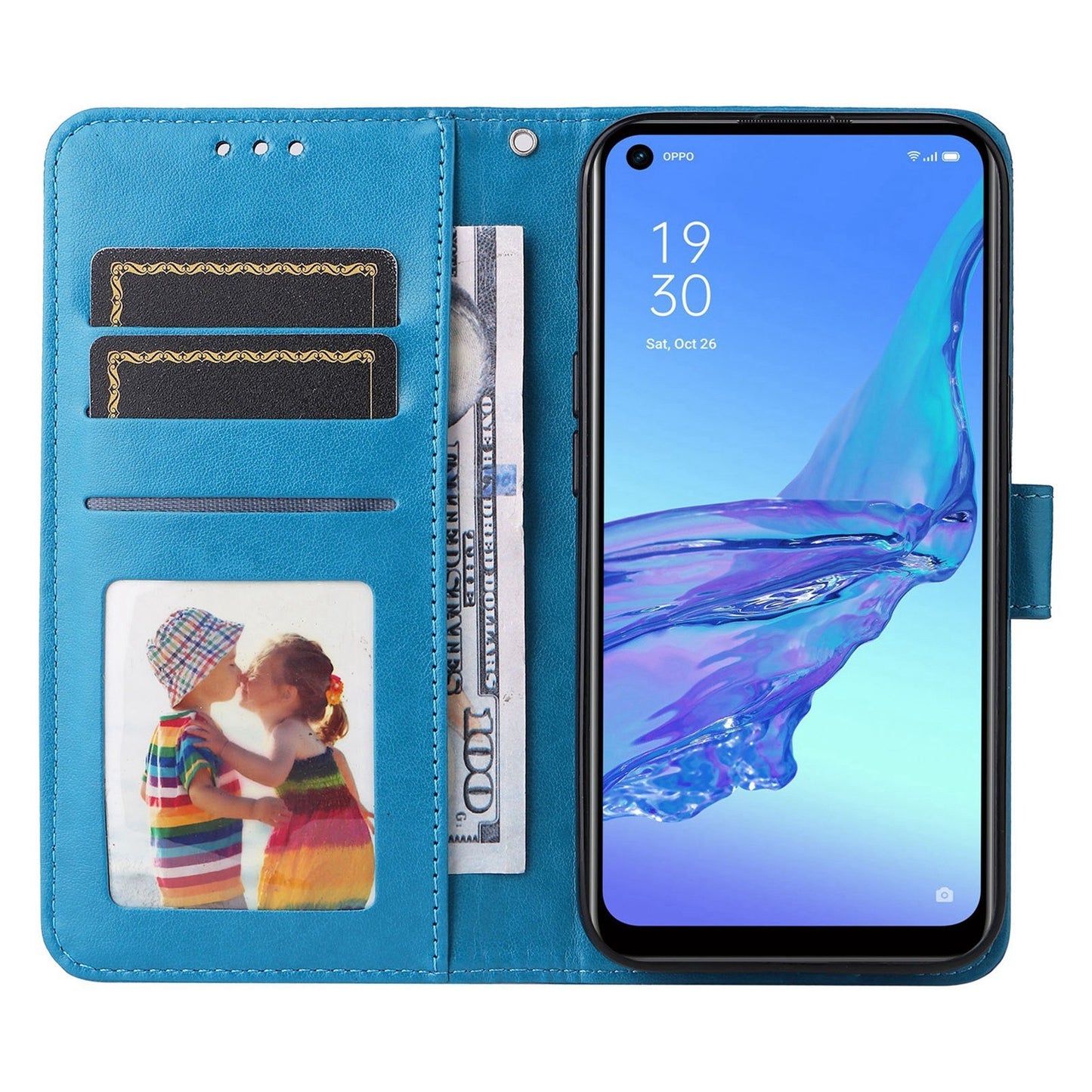 OPPO A32 Sunflower Embossed Leather Wallet Phone Case with Kickstand and Card Holder