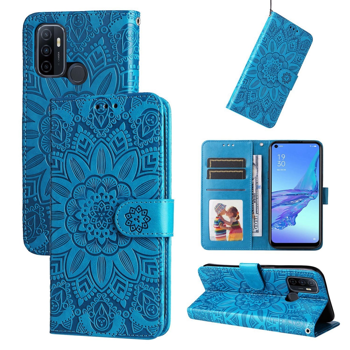 OPPO A53s Sunflower Embossed Leather Wallet Phone Case with Kickstand and Card Holder