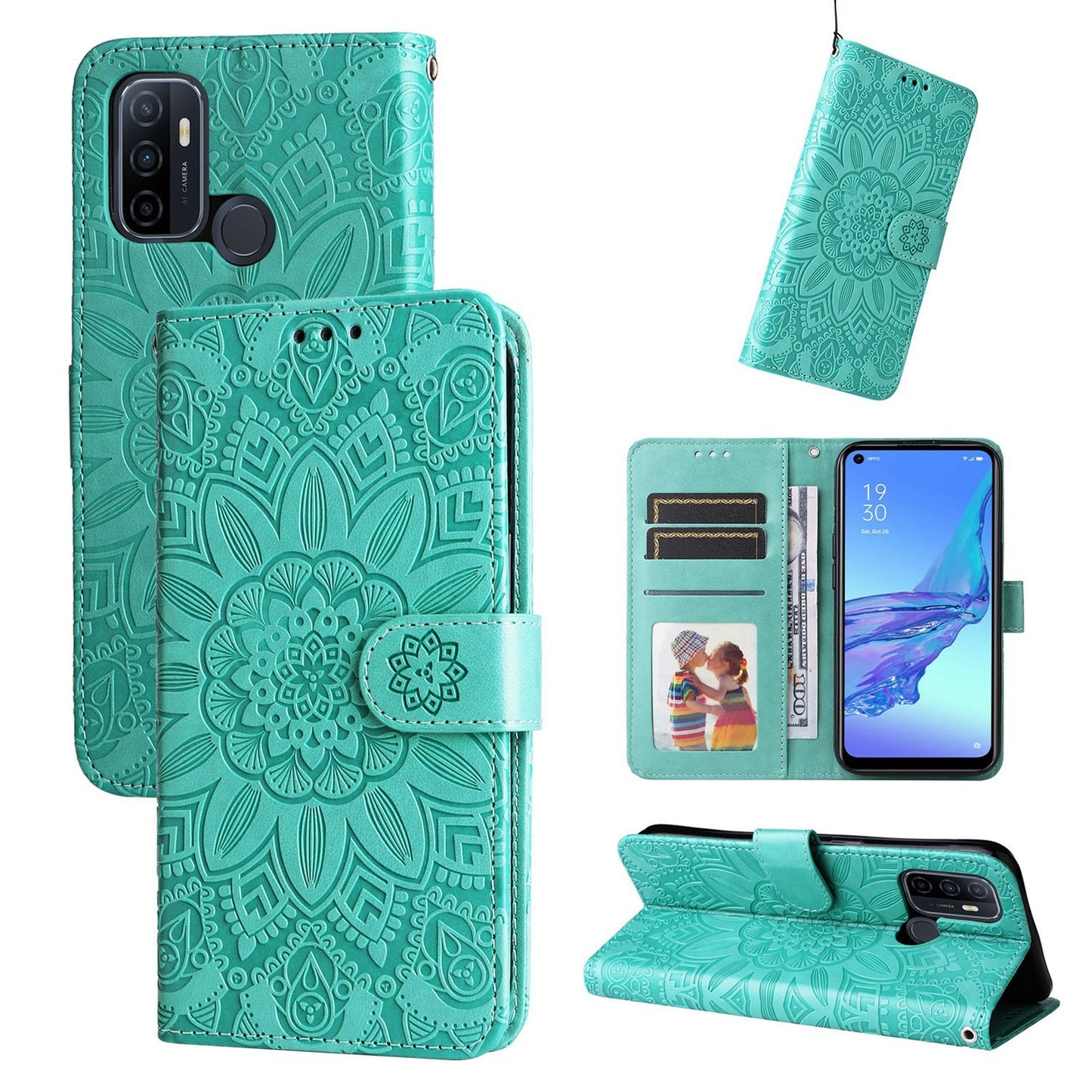OPPO A32 Sunflower Embossed Leather Wallet Phone Case with Kickstand and Card Holder