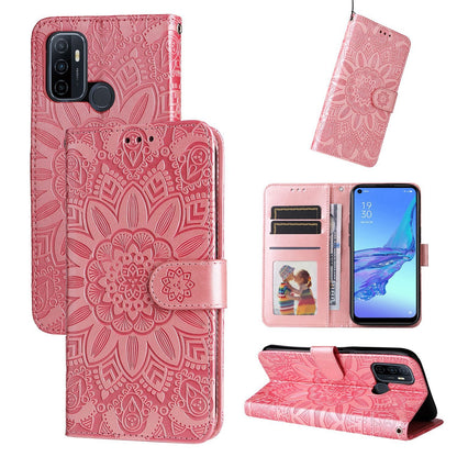 OPPO A53 Sunflower Embossed Leather Wallet Phone Case with Kickstand and Card Holder