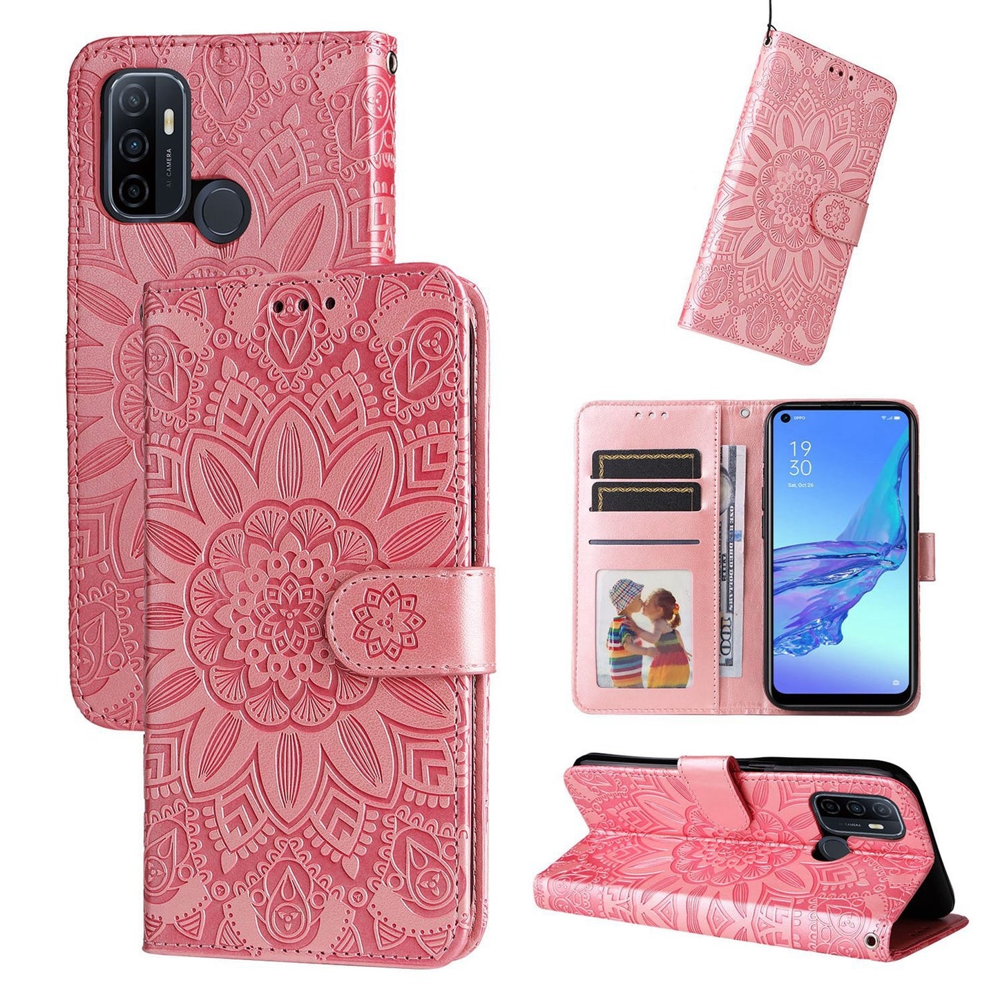 OPPO A53s Sunflower Embossed Leather Wallet Phone Case with Kickstand and Card Holder
