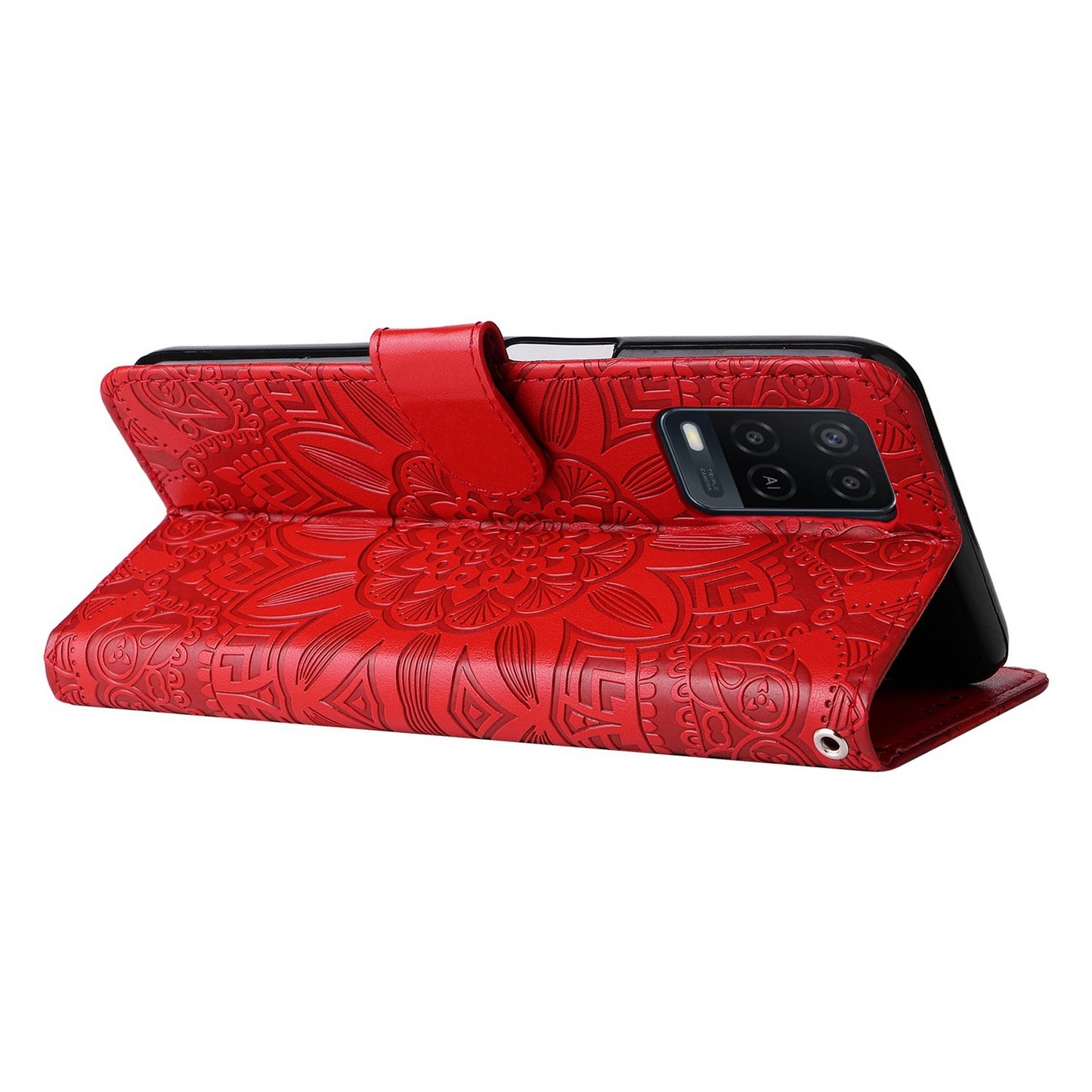 OPPO A54 4G Sunflower Embossed Leather Wallet Phone Case with Kickstand and Card Holder