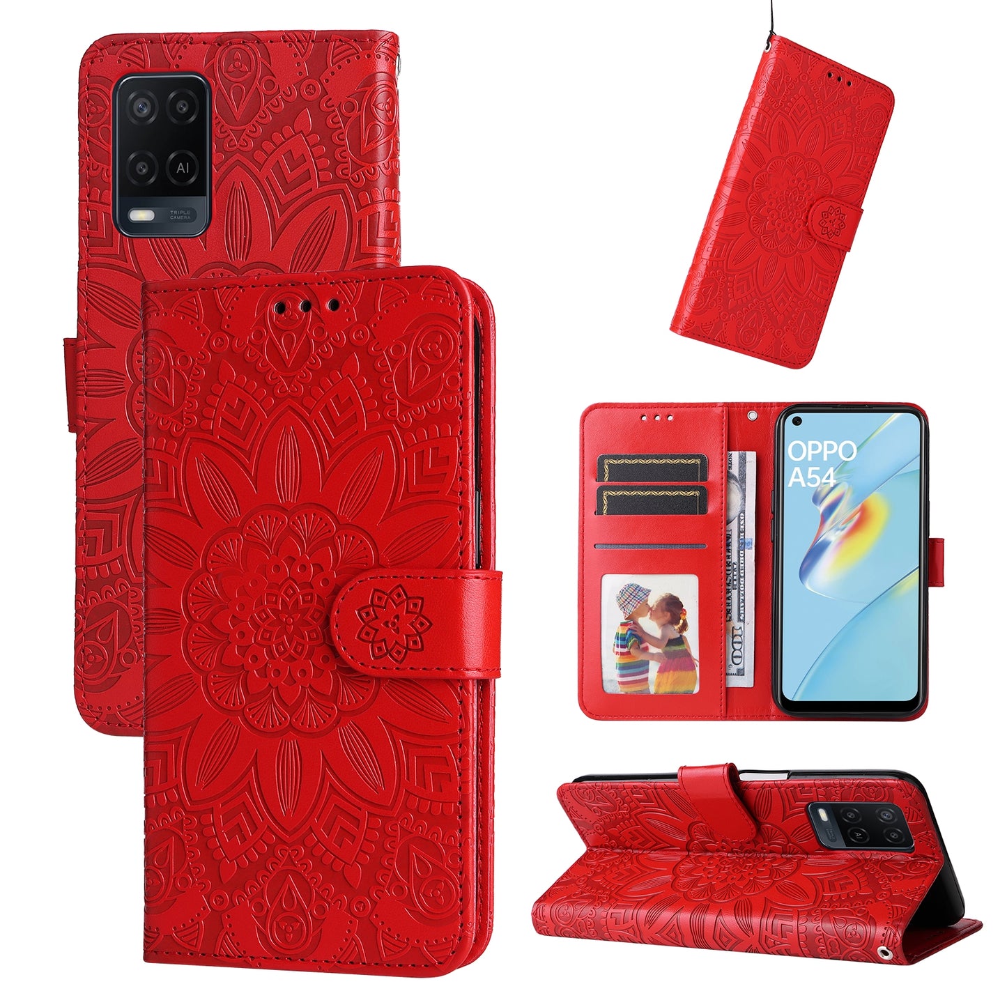 OPPO A16s Sunflower Embossed Leather Wallet Phone Case with Kickstand and Card Holder