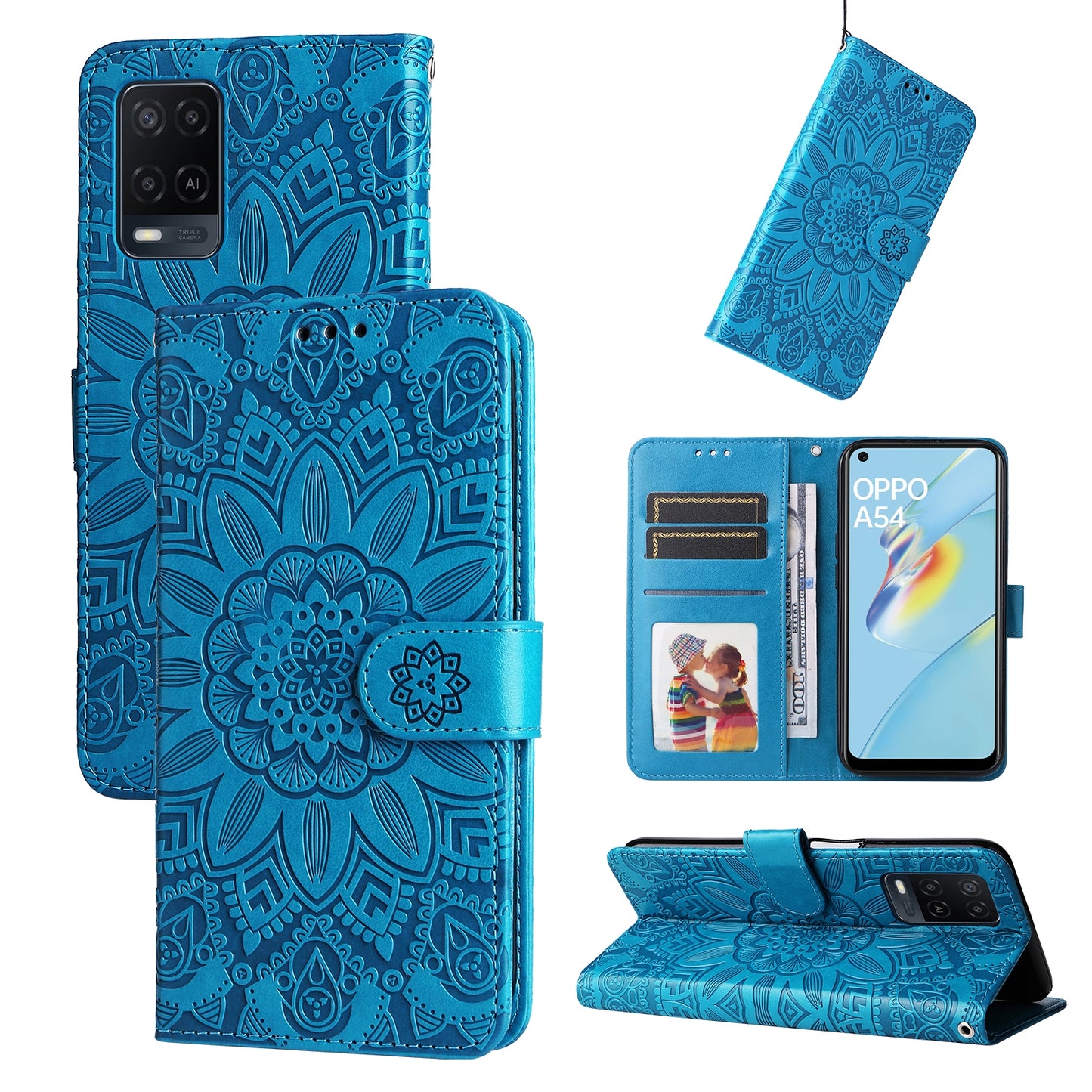 OPPO A54 4G Sunflower Embossed Leather Wallet Phone Case with Kickstand and Card Holder