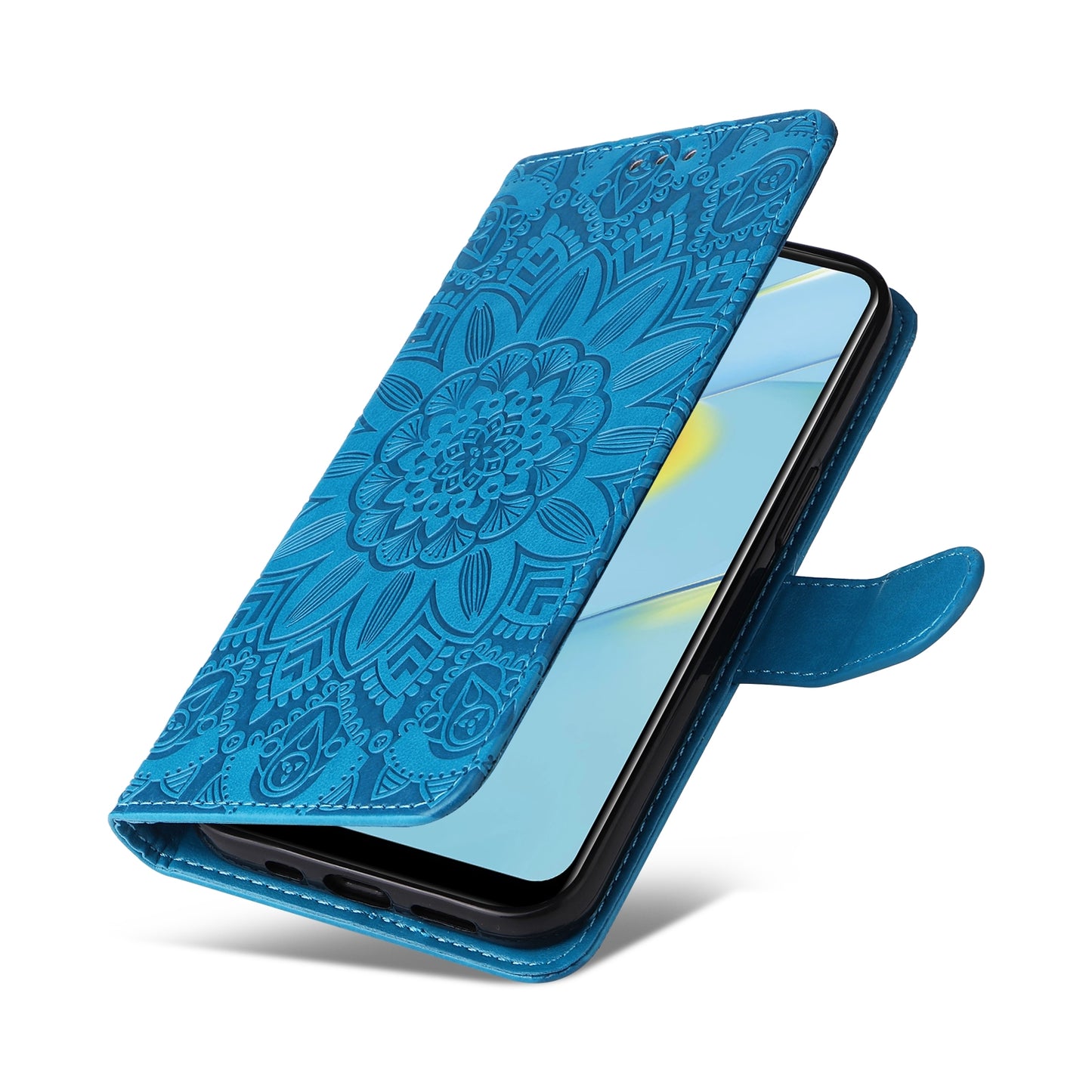 OPPO A16 Sunflower Embossed Leather Wallet Phone Case with Kickstand and Card Holder