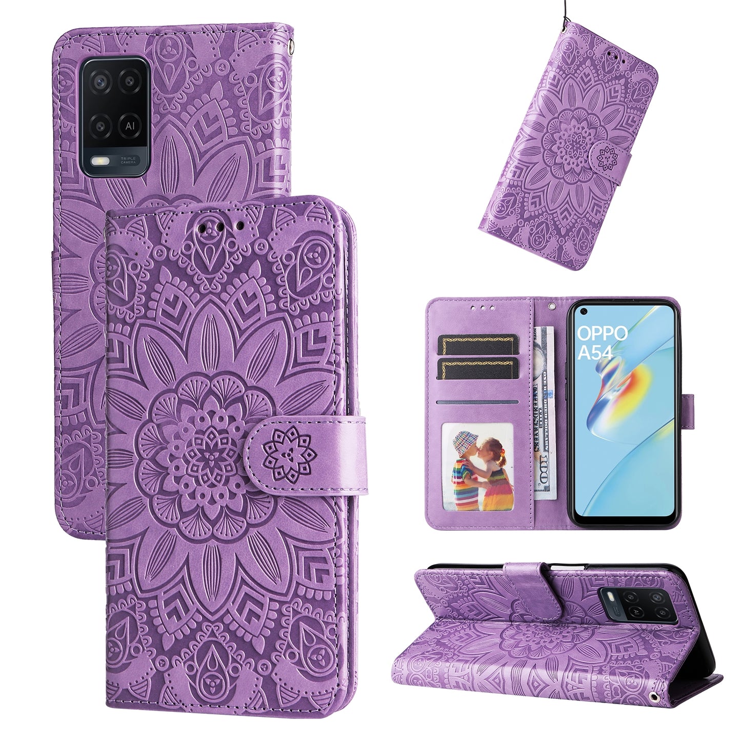 OPPO A16 Sunflower Embossed Leather Wallet Phone Case with Kickstand and Card Holder