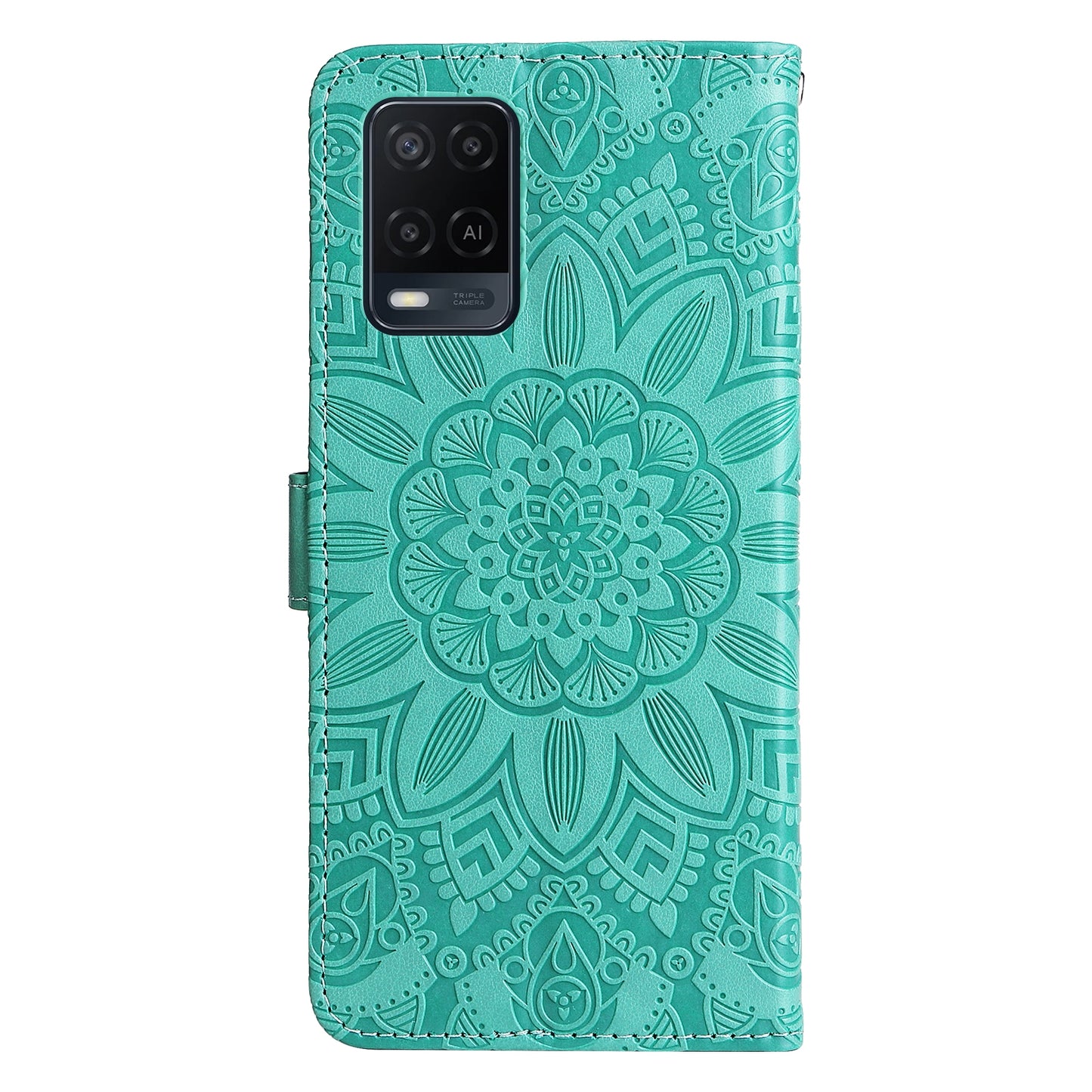 OPPO A16 Sunflower Embossed Leather Wallet Phone Case with Kickstand and Card Holder