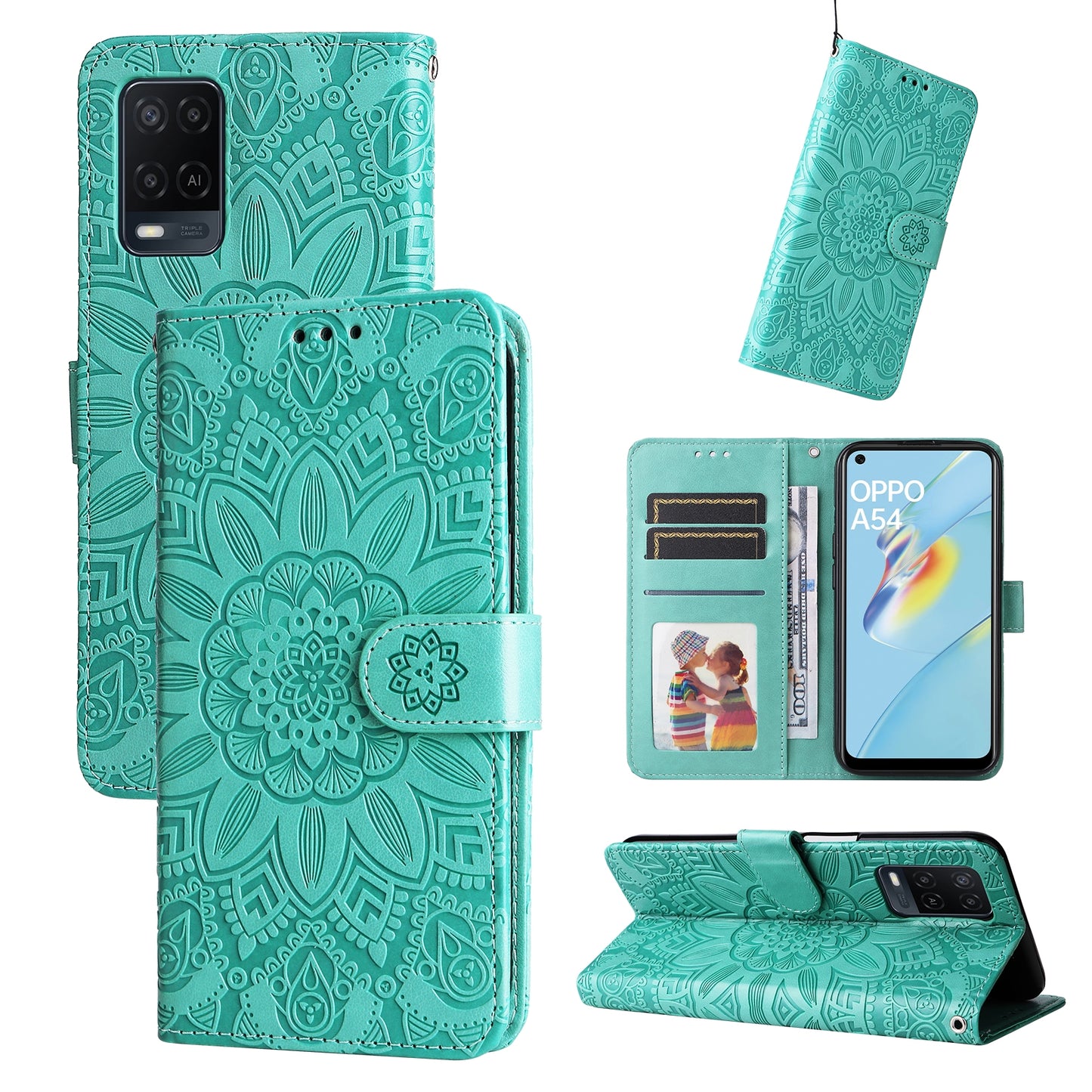 OPPO A16s Sunflower Embossed Leather Wallet Phone Case with Kickstand and Card Holder