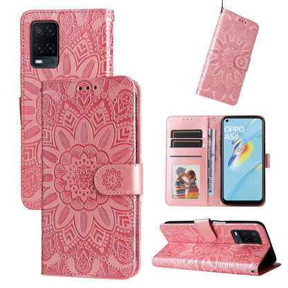 OPPO A54 4G Sunflower Embossed Leather Wallet Phone Case with Kickstand and Card Holder
