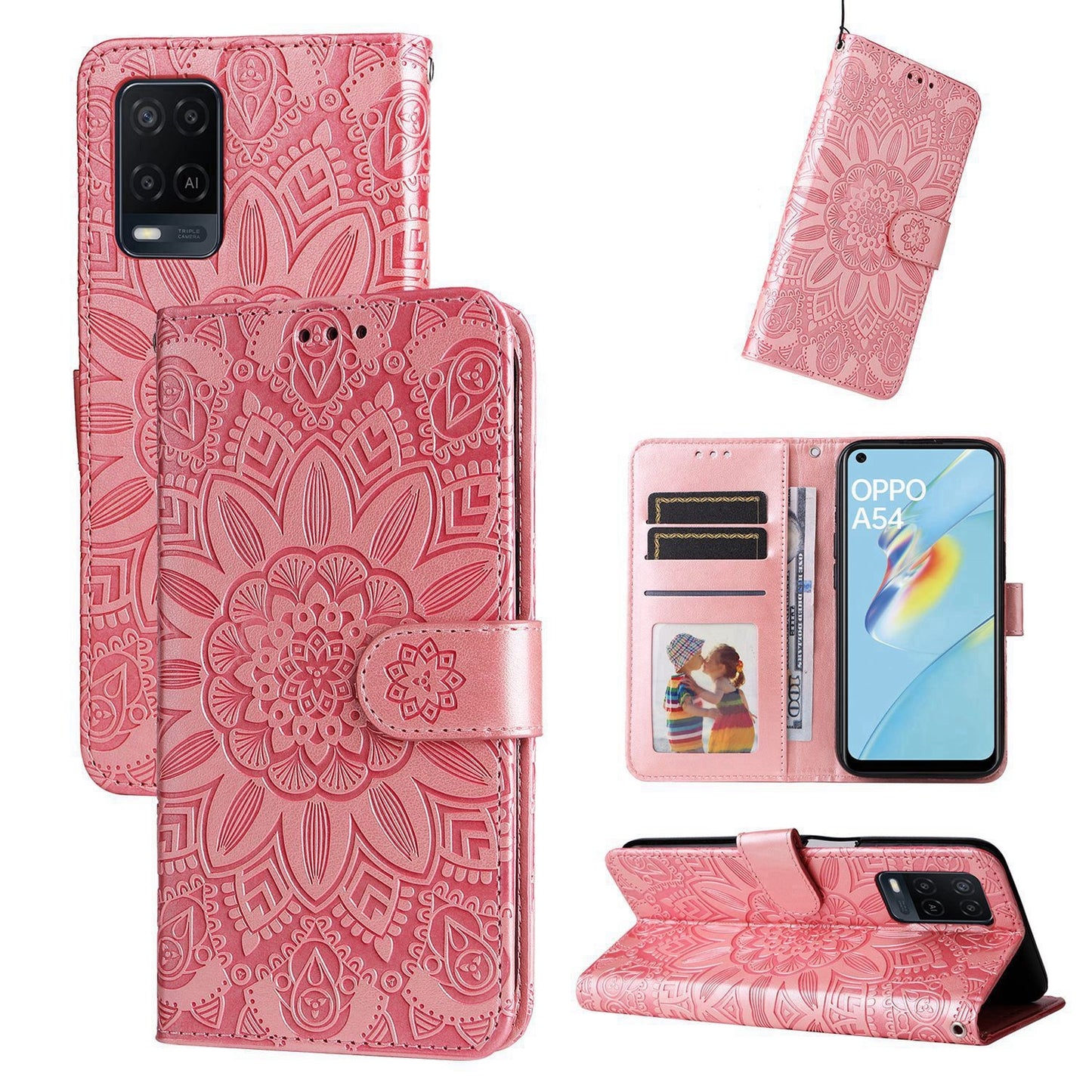 OPPO A16 Sunflower Embossed Leather Wallet Phone Case with Kickstand and Card Holder