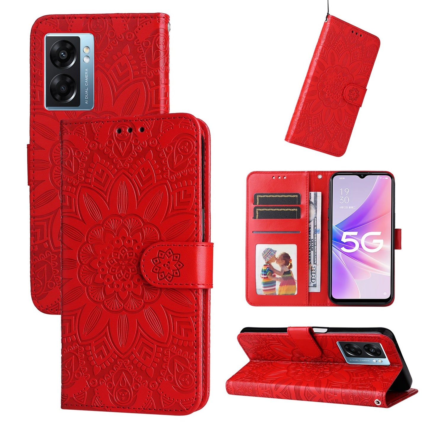 OPPO A57 5G Sunflower Embossed Leather Wallet Phone Case with Kickstand and Card Holder