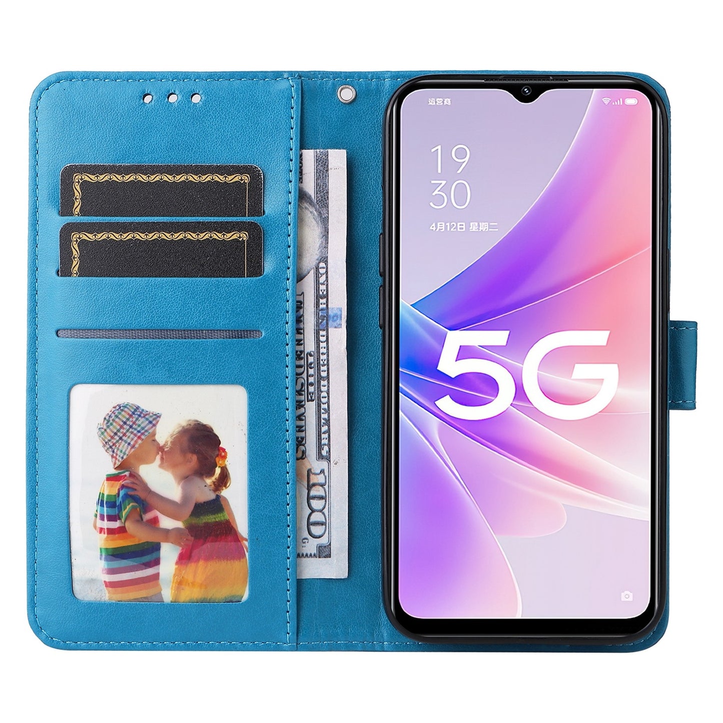 OPPO A57 5G Sunflower Embossed Leather Wallet Phone Case with Kickstand and Card Holder