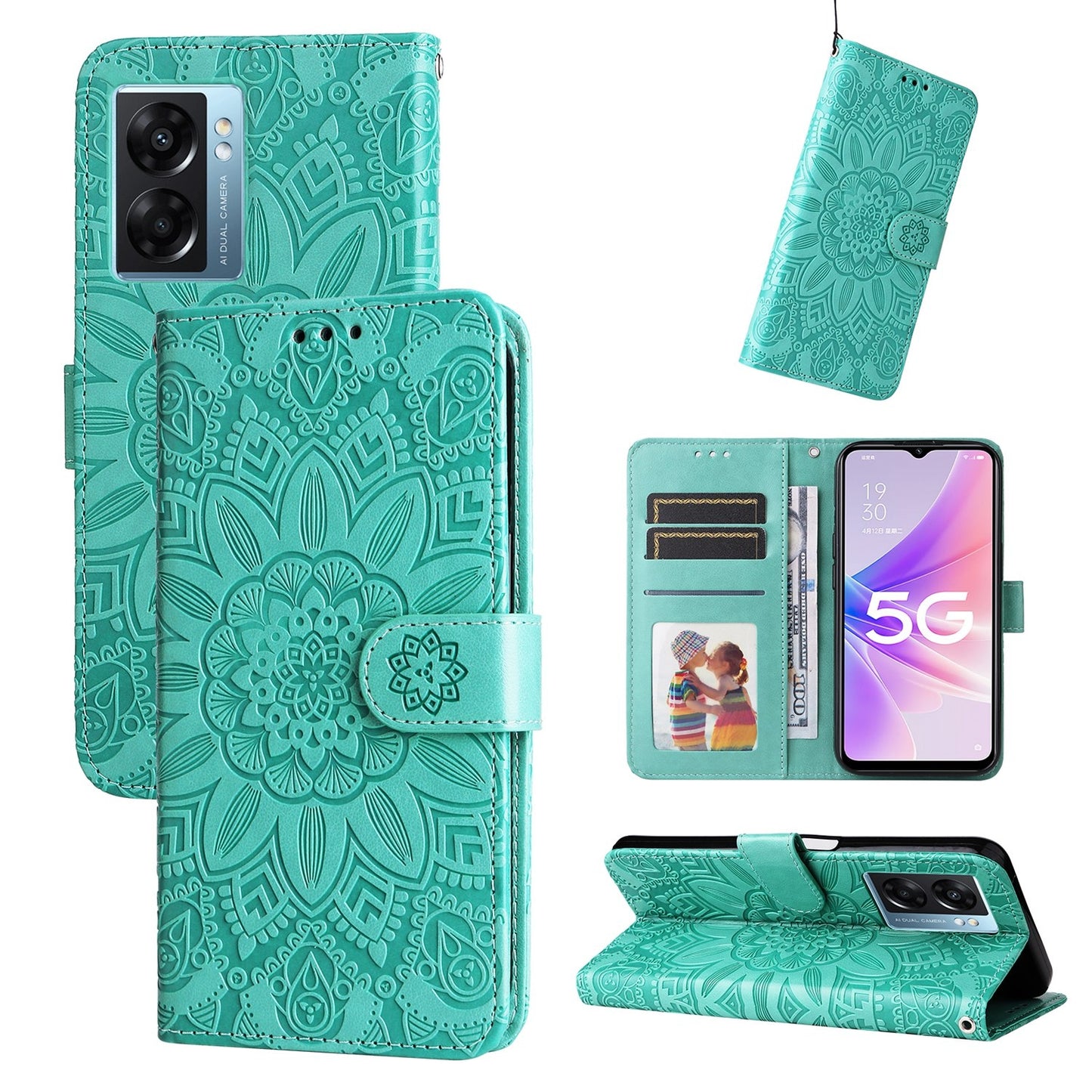 Realme V23 Sunflower Embossed Leather Wallet Phone Case with Kickstand and Card Holder