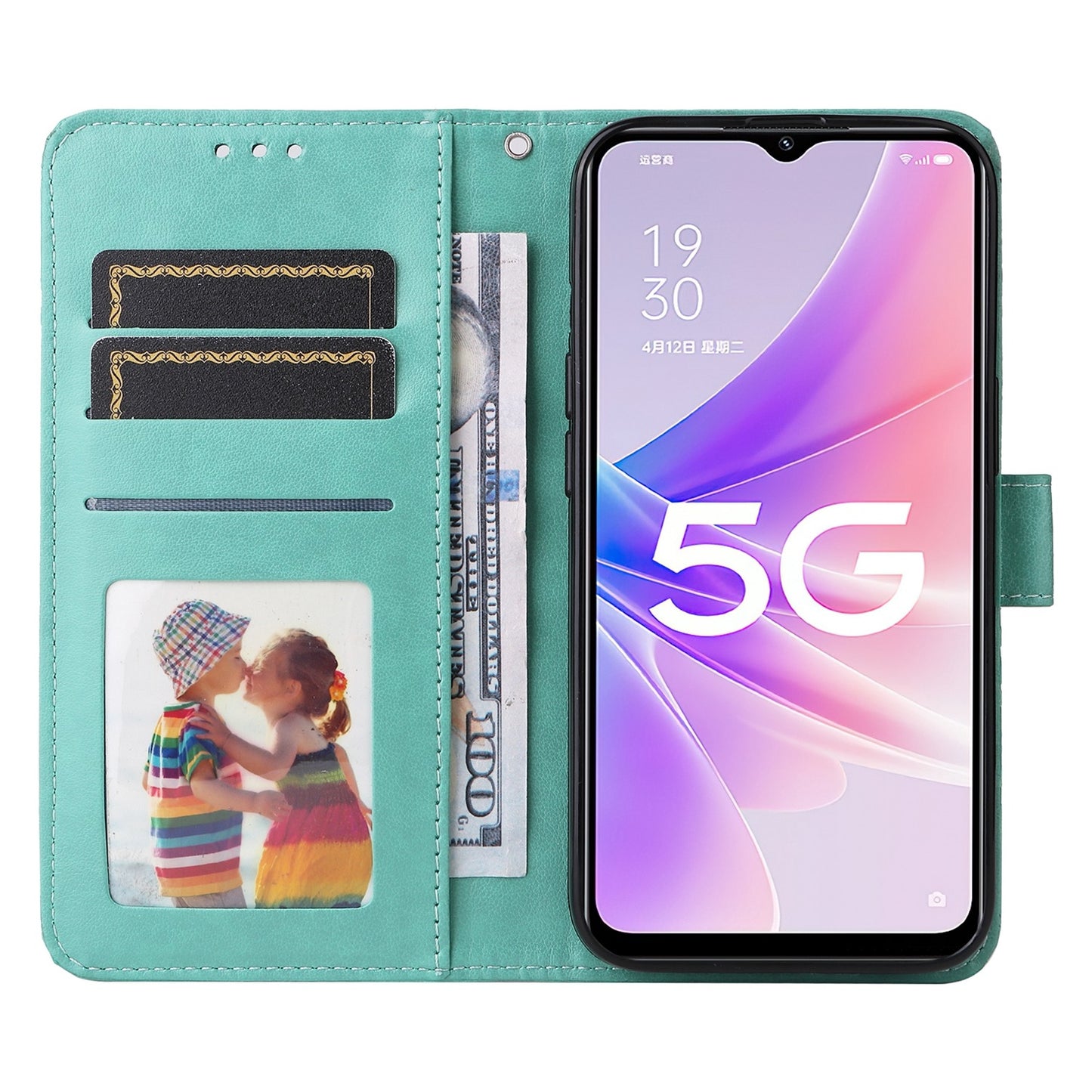 OPPO A57 5G Sunflower Embossed Leather Wallet Phone Case with Kickstand and Card Holder