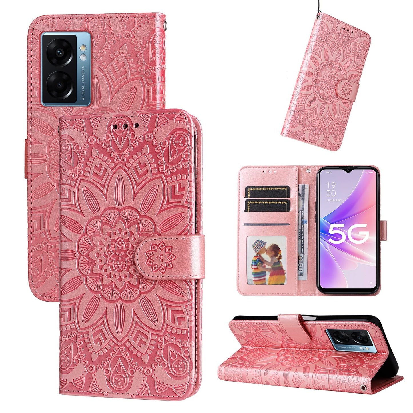 Realme V23 Sunflower Embossed Leather Wallet Phone Case with Kickstand and Card Holder