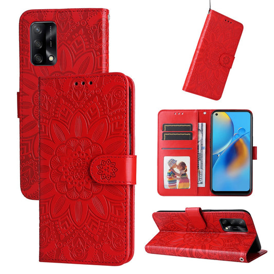 OPPO A95 4G Sunflower Embossed Leather Wallet Phone Case with Kickstand and Card Holder
