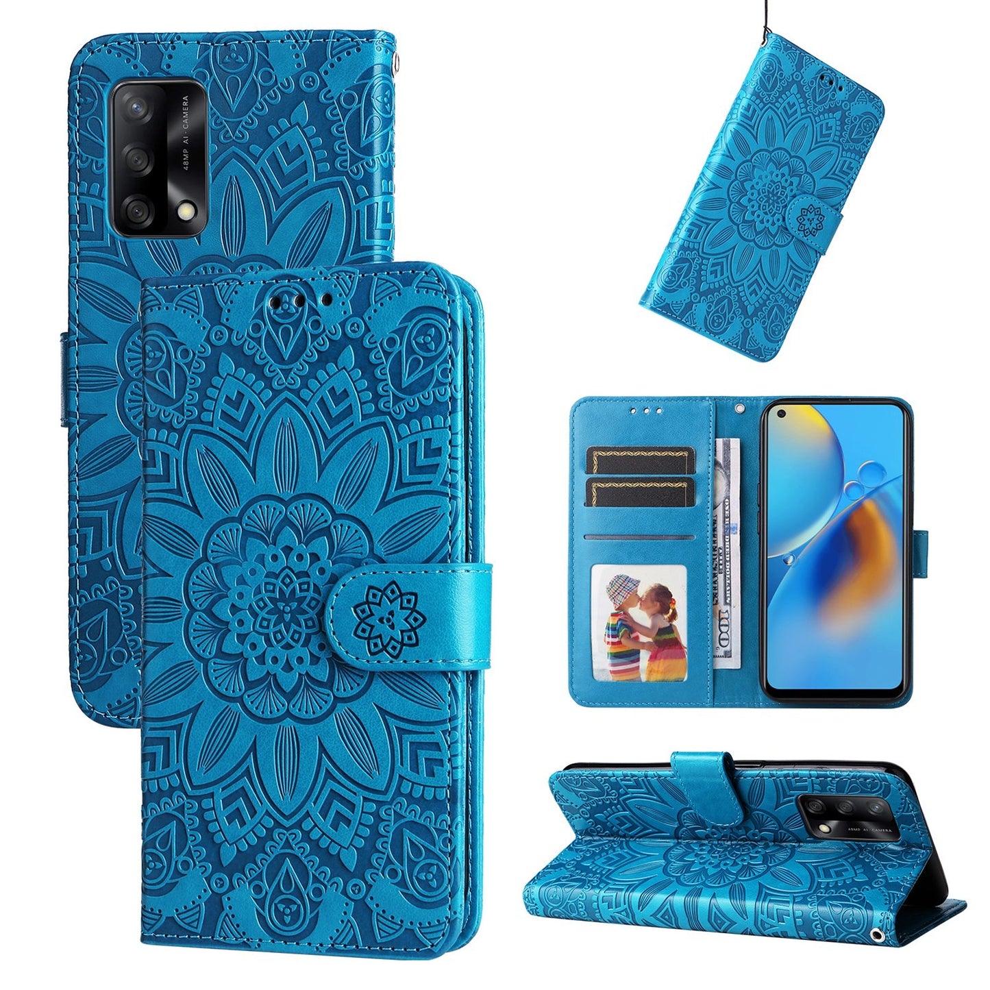 OPPO A95 4G Sunflower Embossed Leather Wallet Phone Case with Kickstand and Card Holder