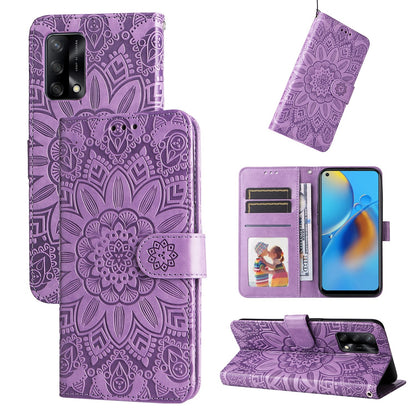 OPPO A74 4G Sunflower Embossed Leather Wallet Phone Case with Kickstand and Card Holder