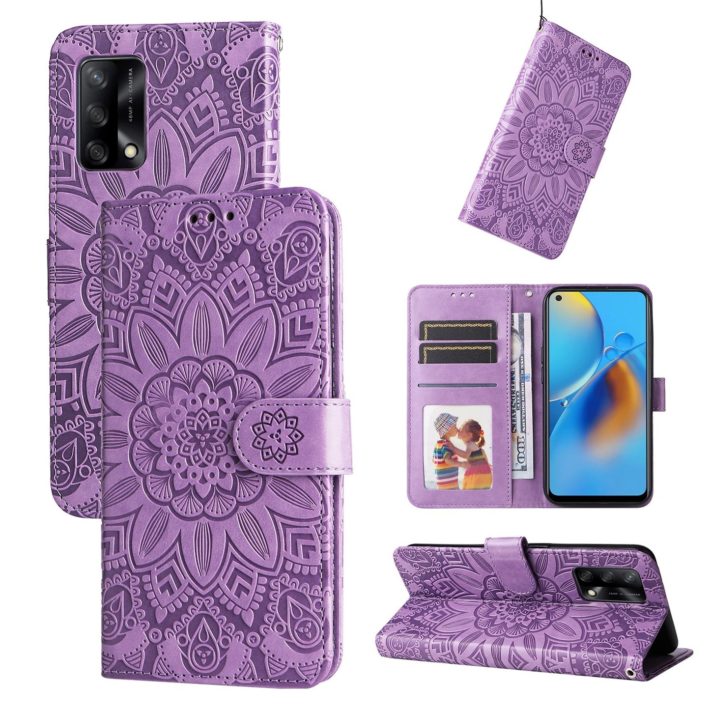 OPPO A95 4G Sunflower Embossed Leather Wallet Phone Case with Kickstand and Card Holder