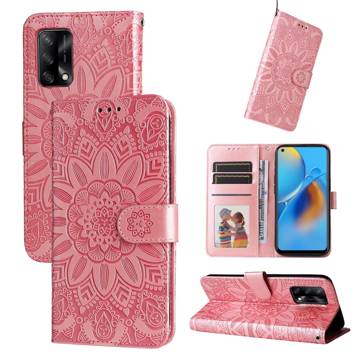 OPPO A74 4G Sunflower Embossed Leather Wallet Phone Case with Kickstand and Card Holder