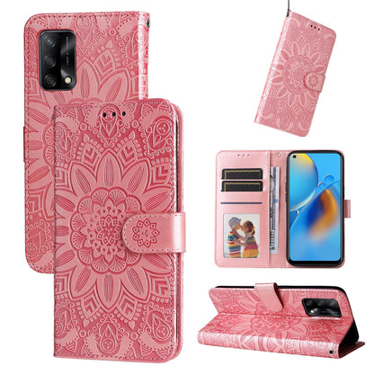 OPPO F19 4G Sunflower Embossed Leather Wallet Phone Case with Kickstand and Card Holder