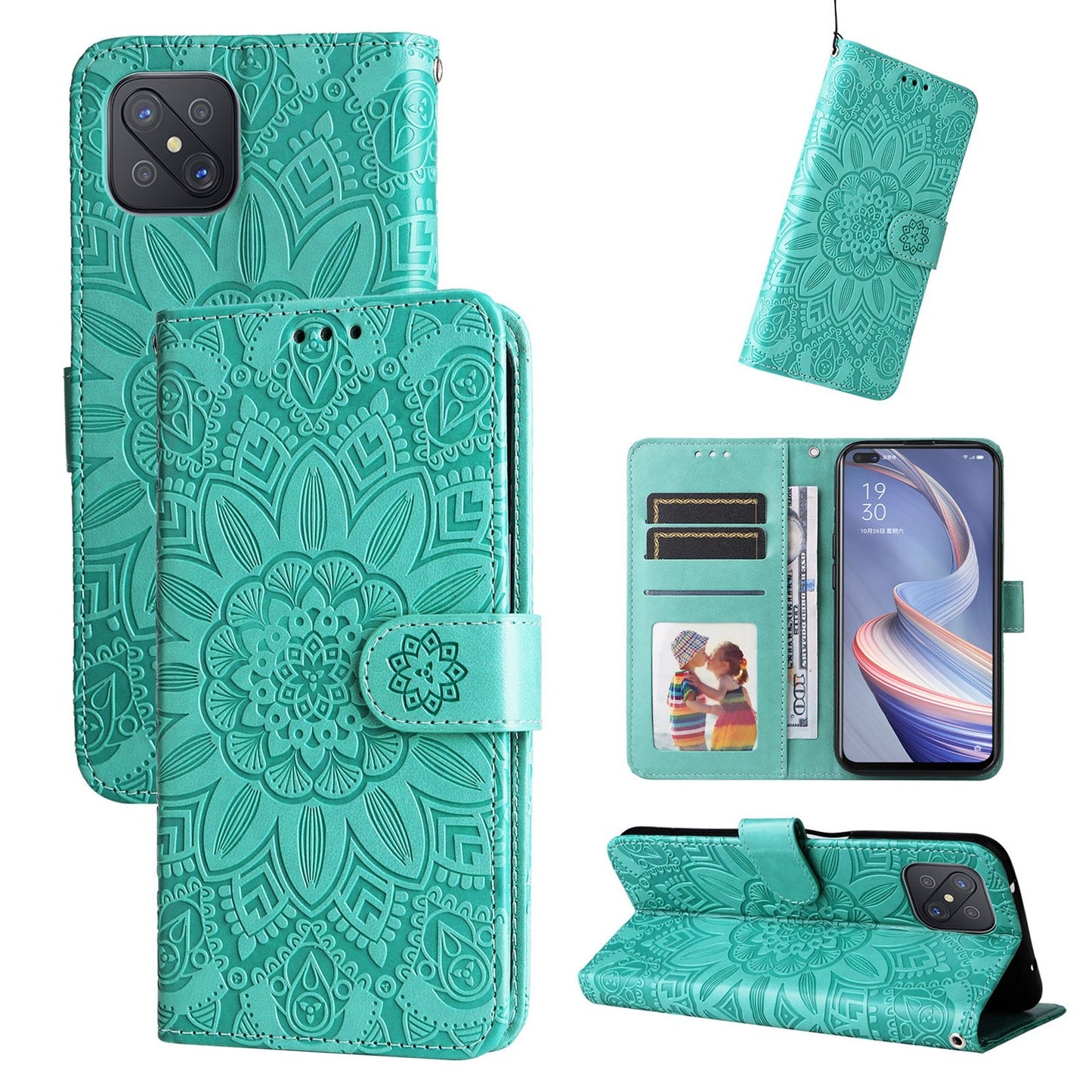 OPPO Reno4 Z Sunflower Embossed Leather Wallet Phone Case with Kickstand and Card Holder