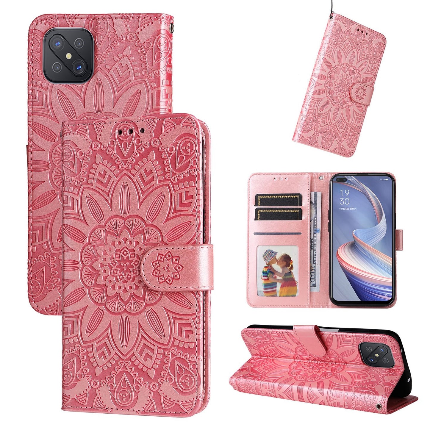 OPPO A92s Sunflower Embossed Leather Wallet Phone Case with Kickstand and Card Holder