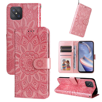 OPPO A53 5G Sunflower Embossed Leather Wallet Phone Case with Kickstand and Card Holder