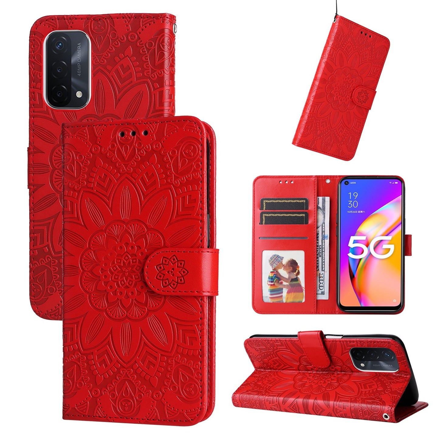 OPPO A74 5G Sunflower Embossed Leather Wallet Phone Case with Kickstand and Card Holder
