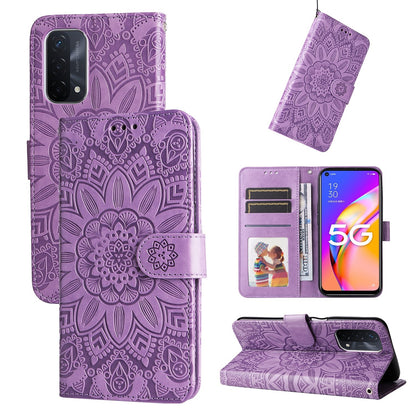 OPPO A74 5G Sunflower Embossed Leather Wallet Phone Case with Kickstand and Card Holder