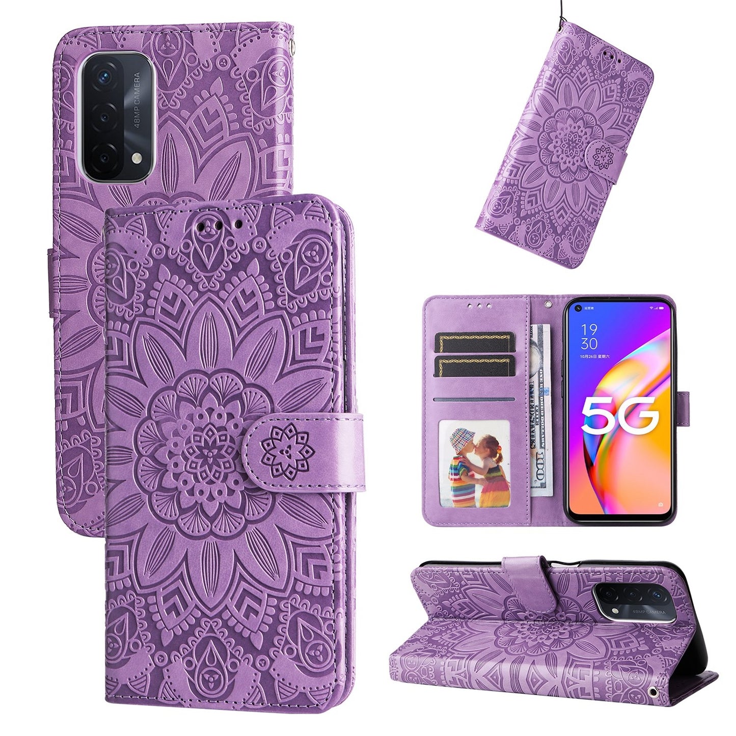 OPPO A54 5G Sunflower Embossed Leather Wallet Phone Case with Kickstand and Card Holder